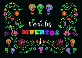 Day of the dead, Dia de los muertos, banner with colorful Mexican flowers. Fiesta, holiday poster, party flyer, greeting card