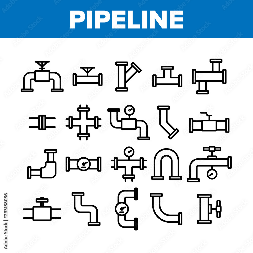 Poster pipeline collection elements icons set vector thin line. steel pipeline steel pipe connector and val