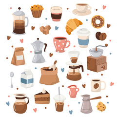 Coffee collection, different coffee elements with lettering. Cute cartoon icons in hand drawn style. Vector illustration