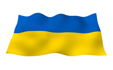 The flag of Ukraine on a white background. National flag and state ensign. Blue and yellow bicolour. 3D illustration waving flag