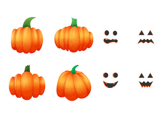 Vector collection of various drawn pumpkins and set of carved faces isolated on white background.  Elements for fall decorative design, halloween invitation, sticker, patch, scrapbook, webpage.