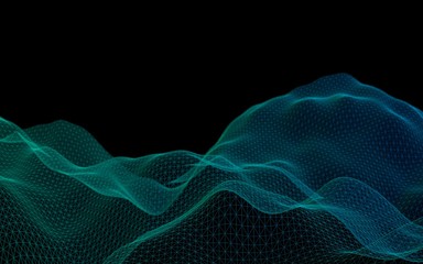 Fototapeta premium Abstract green landscape on a black background. Cyberspace grid. hi tech network. Depth of field. 3D illustration