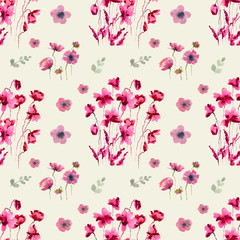 Seamless watercolor hand drawn pattern of poppy flower on pastel background