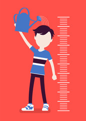 Boy at child height growth chart with watering can. Schoolboy pouring water over his head to grow bigger, older and taller, kid developing into teenager. Vector illustration with faceless character