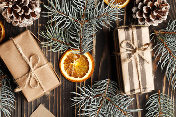 Set of christmas items on wooden background. Top view.