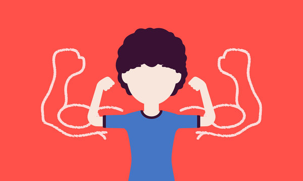 Strong boy showing off biceps. Schoolboy athlete trying to impress with muscles, kid enjoys sport, healthy lifestyle to grow in great physical power. Vector illustration with faceless character