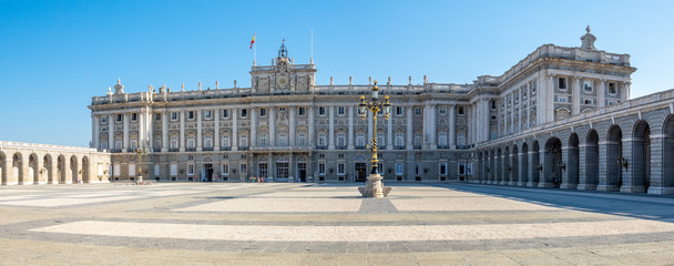 View from public street to the Royal Palace in Madrid in a beautiful summer day, Spain