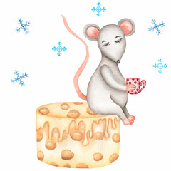 Cute cartoon christmas rat mouse christmas card with rat sitting on the cheese cake with cup. Watercolor hand drawn animal illustration. New Year 2020 holiday drawing. Cartoon cute composition