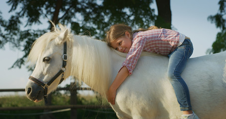 Authentic shot of a cute little girl is lying on a white pony horse and caressing her at riding...
