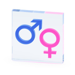 Clear transparent glass or plexiglass display with luminous gender symbols Mars and Venus inside on white background, 3D rendered image