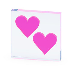 Clear transparent glass or plexiglass display with couple pink luminous heart love symbols inside on white background, 3D rendered image