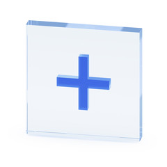 Fototapeta premium Clear transparent glass or plexiglass display with luminous object like mathematical operation symbol of addition or cross inside on white background, 3D rendered image