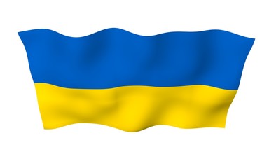 The flag of Ukraine on a white background. National flag and state ensign. Blue and yellow bicolour. 3D illustration waving flag