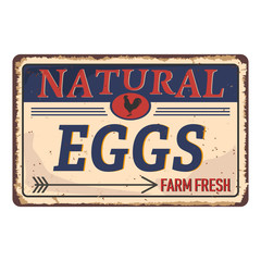 Fresh eggs on vintage rusty metal sign on a white background, vector illustration