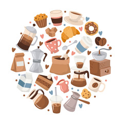 Coffee elements in circular frame. Cute cartoon icons in hand drawn style. Vector illustration