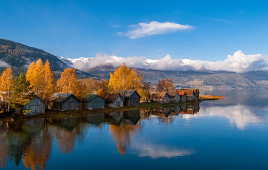 Autumn by the river estuary. Nordfjord, Norway