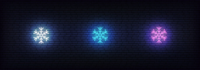 Snowflake icon neon. Set of glowing neon colorful snow icons