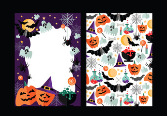 Vector set of Halloween party invitations or greeting cards with flat holiday icons.
