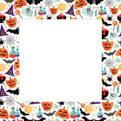 Halloween frame with flat icons on a white background. Vector illustration. Halloween postcard.  
