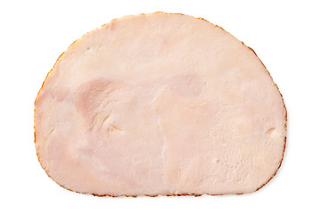 A single slice of chicken ham isolated on white. Top view.