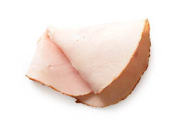 A folded single slice of chicken ham isolated on white. Top view.