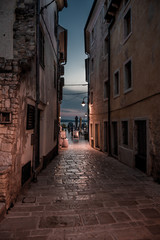 Fototapeta na wymiar Narrow Alley With Old Houses In The Village Fazana In Croatia