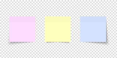 Post note set. Sticker paper. Different colored sheets of note papers with curled corner on transparent background. Multicolor notes.