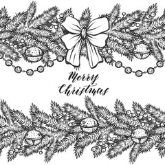 Merry Christmas. Vector illustration, spruce branches, bells, garlands, ribbon,prints on T-shirts, handmade,card for you,background white