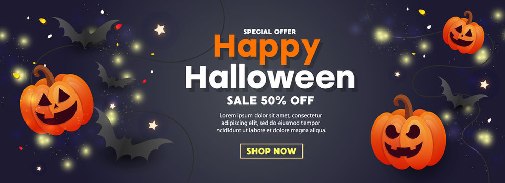 Happy Halloween sale banner with scary face ghost balloons, bats and gold glitter decors on dark background.