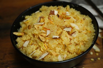 Homemade Sooji Halwa / Sheera close up, selective focus
