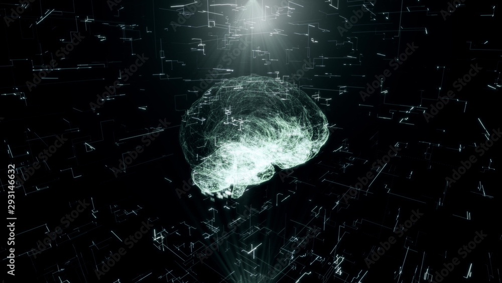 Poster artificial intelligence hologram of human brain scan ai concept glowing light particles arranged in 
