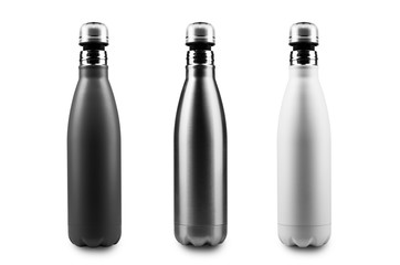 Black, white and silver, stainless thermo bottles with mockup and half open cap, for water or...