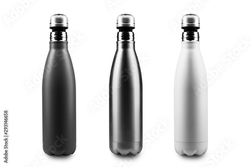 Download Black White And Silver Stainless Thermo Bottles With Mockup And Half Open Cap For Water Or Another Liquid Steel Bottle No Plastic Isolated On White Background Wall Mural Fedcophotography