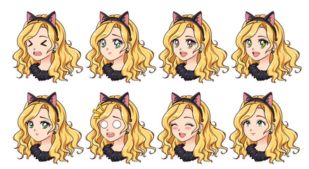 A set of cute anime girl wearing cat costume with different expressions. Blonde hair, big green eyes. Hand drawn retro anime vector illustration. Can be used for avatar, stickers, badges, prints etc. - obrazy, fototapety, plakaty