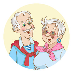 Portrait of a stylish elderly couple. Composition in the circle. In cartoon style. Isolated on a white background. Avatar icon