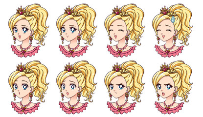 A set of cute anime princess with different expressions. Blonde hair, big blue eyes, golden crown. Hand drawn retro anime vector illustration. Can be used for avatar, stickers, badges, prints etc.