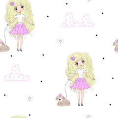 cute little girl vector seamless pattern illustration
