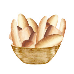 Bread and long loaves in a brown wicker basket.Watercolor pattern