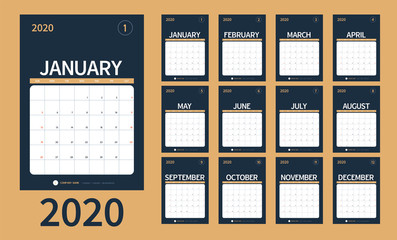 Vector of 2020 new year calendar in clean minimal table simple style and blue gold color,Holiday event planner,Week Starts Sunday.include holiday event..