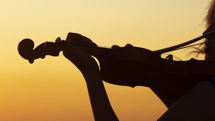 silhouette of a wooden violin in female hands, the figure of a stringed musical instrument on a sunset sky, the concept of music and art © fantom_rd