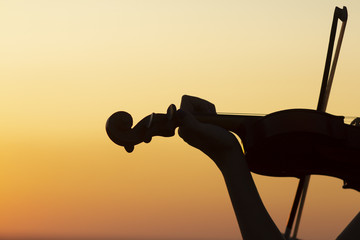 silhouette of a wooden violin in female hands, the figure of a stringed musical instrument on a...