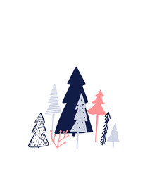 Simple Christmas card design. Different style Christmas tree on white background, minimalism illustration