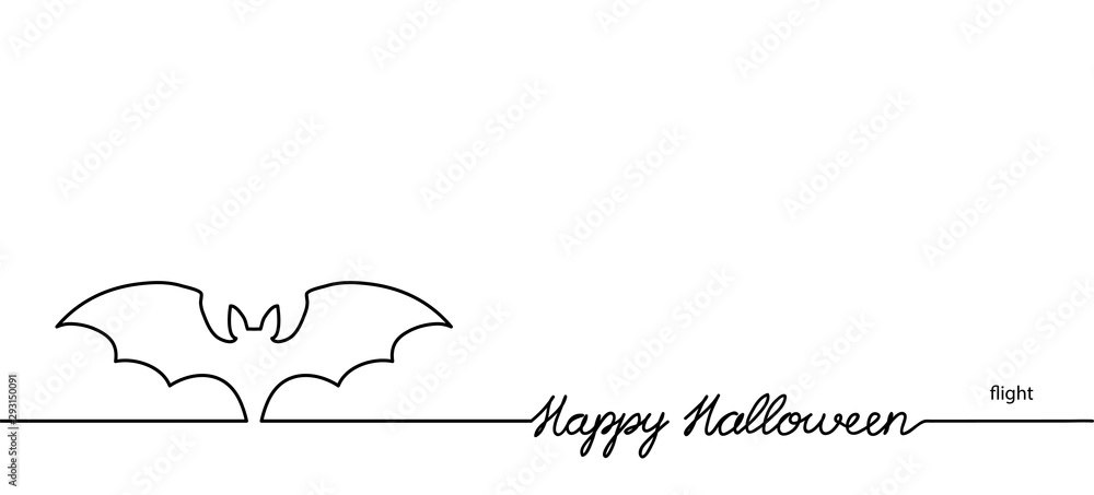 Wall mural bat vector illustration with lettering happy halloween. one continuous line drawing background, bann