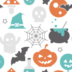 Halloween holiday seamless pattern, october background with halloween symbols - magical potion, pumpkin, ghost, bat, skull on white. Colorful Vector illustration. Great for wrapping paper.