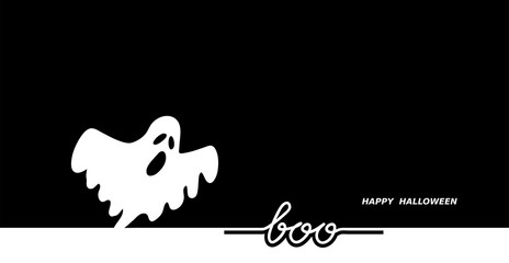 Scary ghost negative black white background illustration. Happy Halloween background, banner. Ghost says boo 