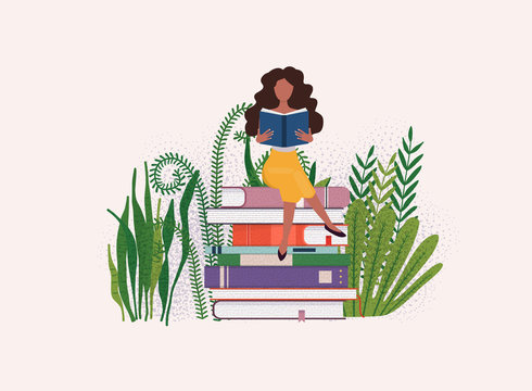 Time to studying. Girl reading a book. Science concept with book icons..Flat design modern vector illustration concept.