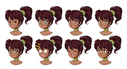 A set of cute anime girl with different expressions. Dark hair, big black eyes. Ponytail with donut. Hand drawn retro anime vector illustration . Can be used for avatar, stickers, badges, prints etc.