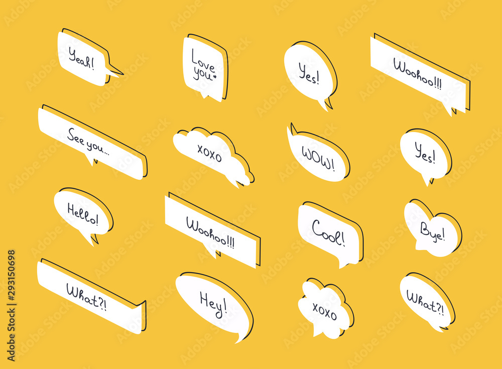 Aufkleber set of isometric speech bubbles. questions speech bubbles set in flat design with short messages.