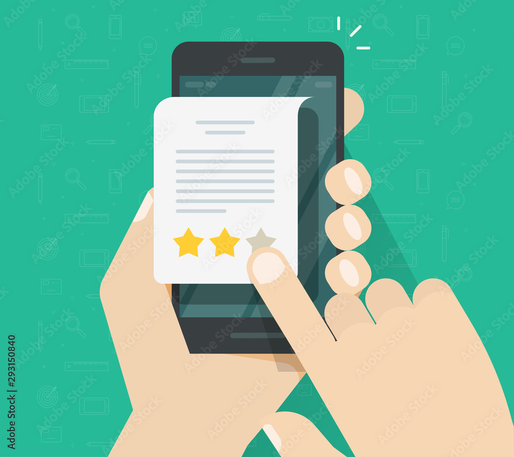 Poster feedback or testimonial review on cellphone vector, flat cartoon hands with mobile phone and documen