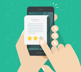 Feedback or testimonial review on cellphone vector, flat cartoon hands with mobile phone and document or message with text and rating stars, evaluation or assess of customer satisfaction image